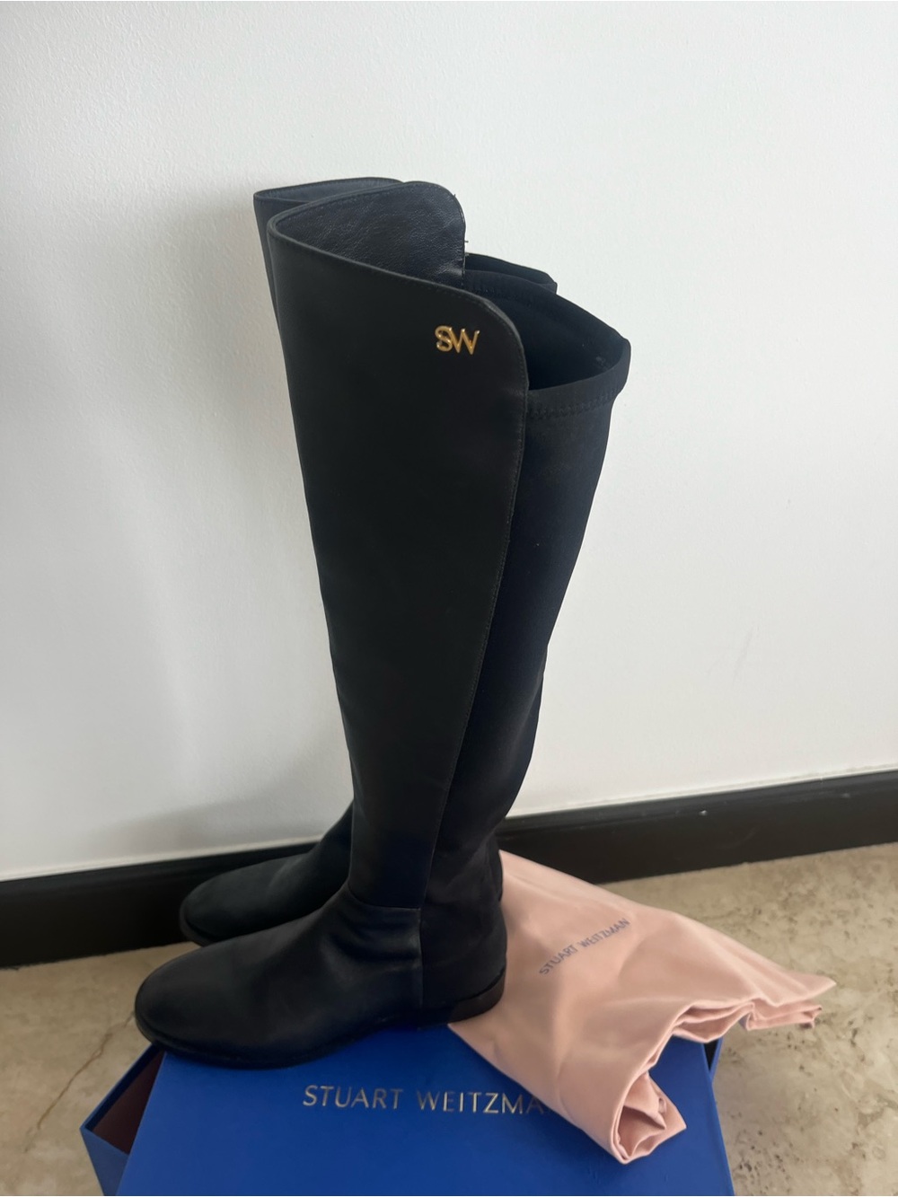 Stuart Weitzman Black Over-the-Knee Stretch Boots with Gold SW Emblem